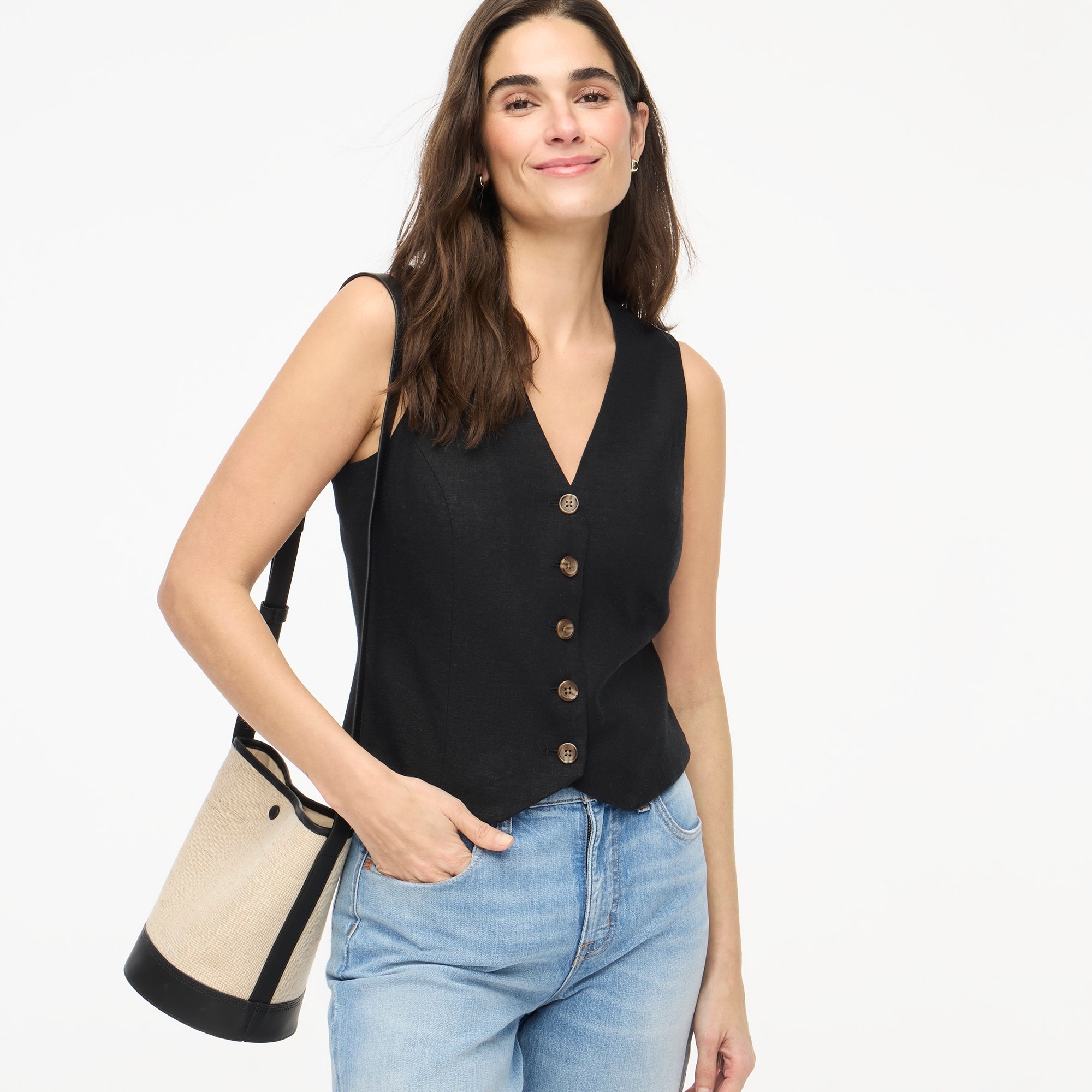 womens Button-front linen-blend vest