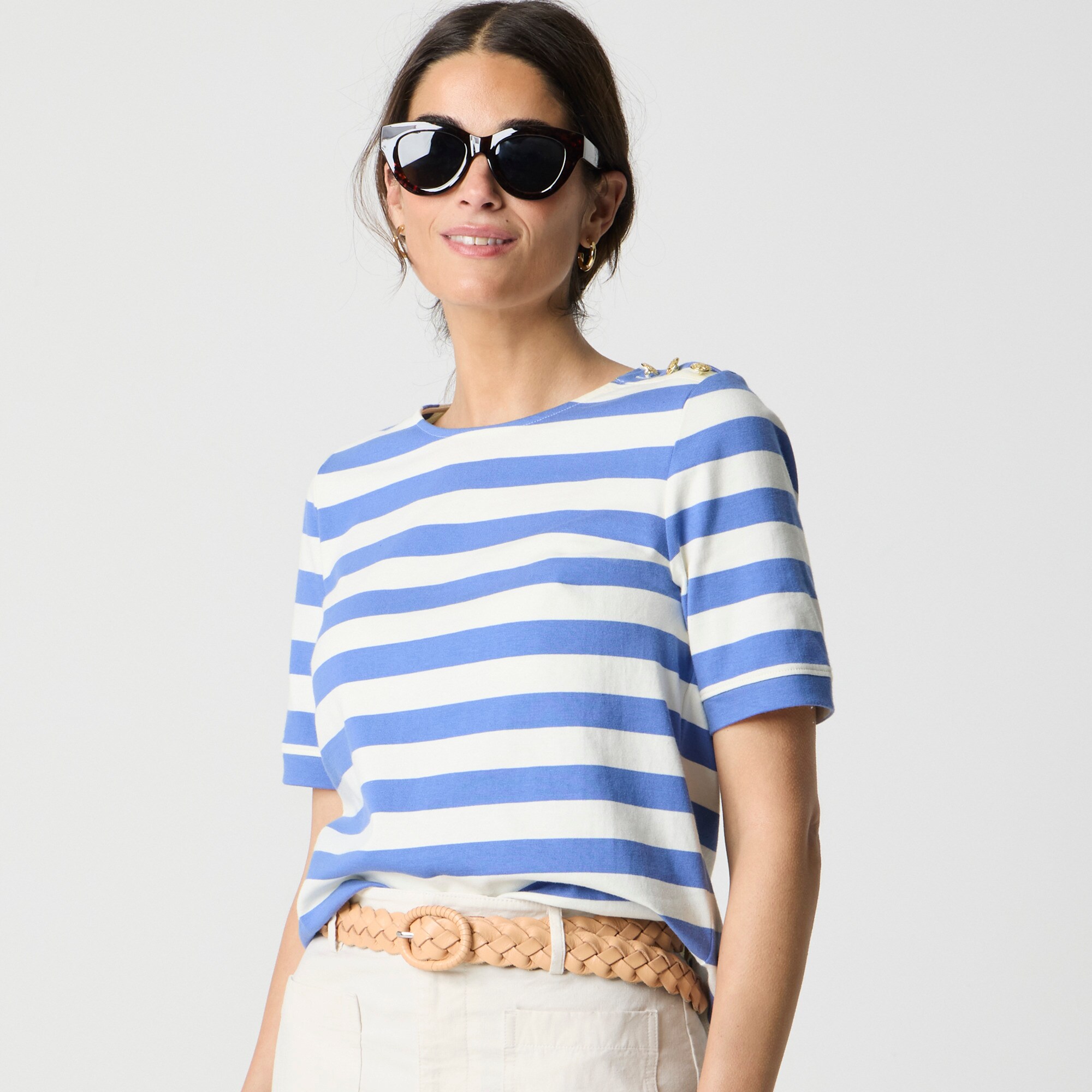  Short-sleeve striped button-shoulder tee