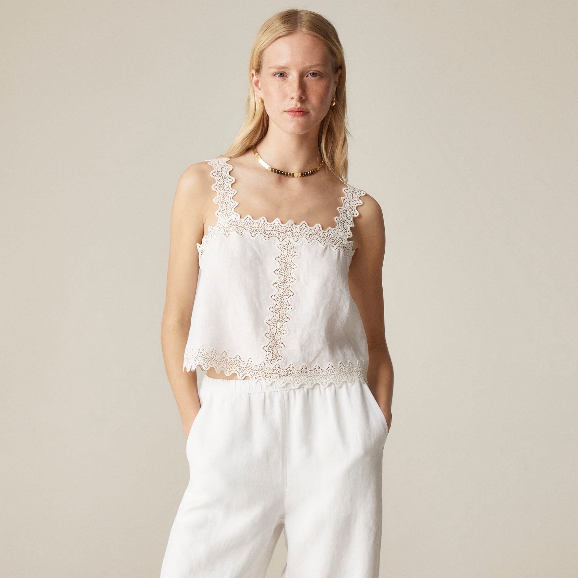 womens Lace-trim squareneck tank top in linen