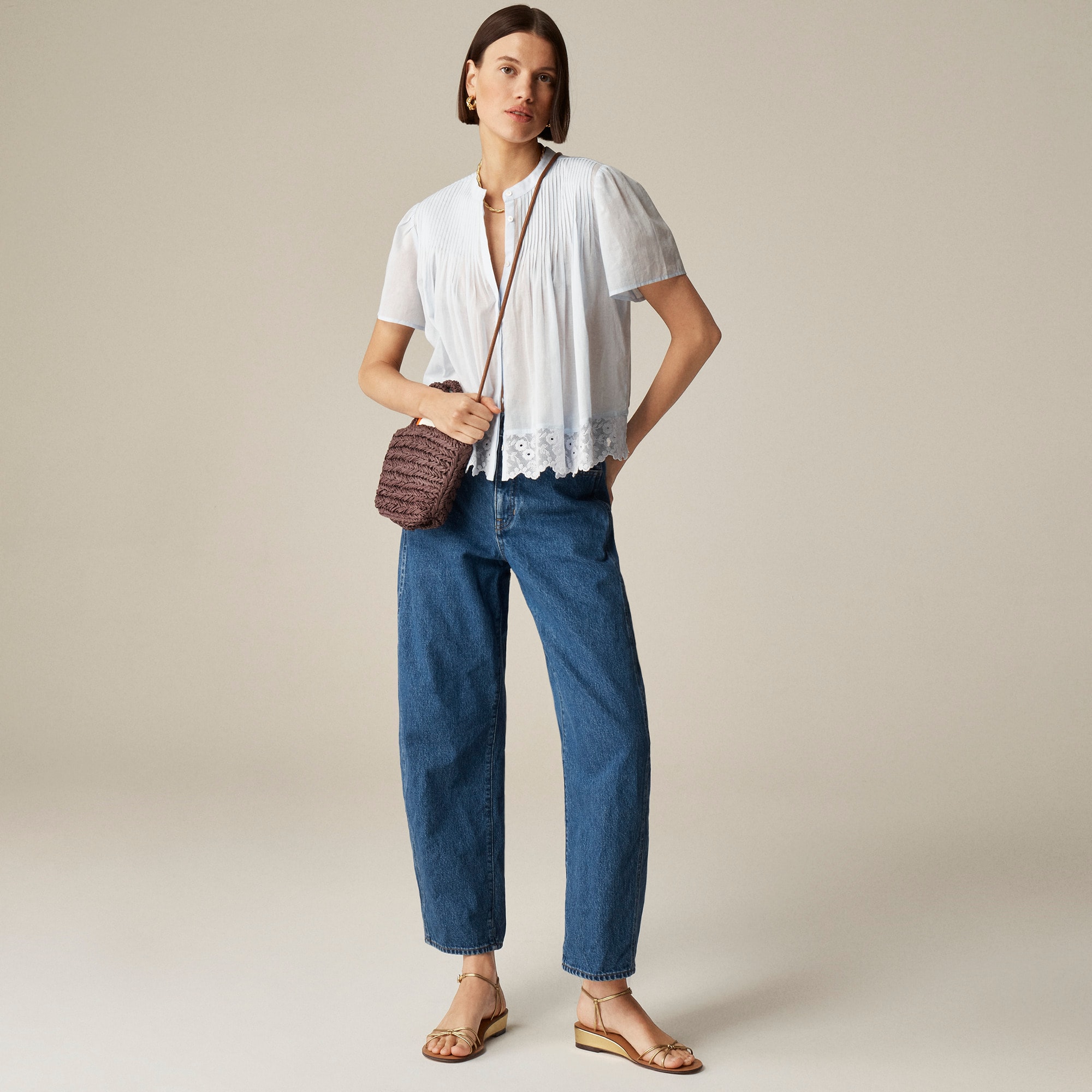 womens Lace-trim pintuck top in cotton voile