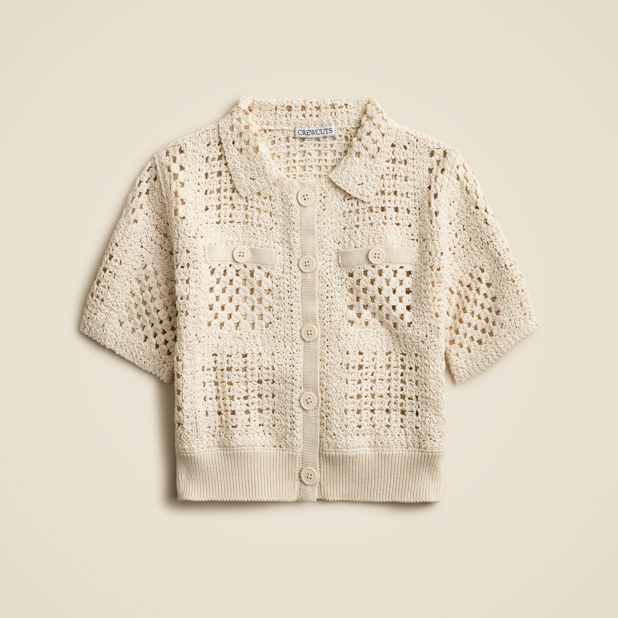 girls Girls' short-sleeve crochet button-up shirt
