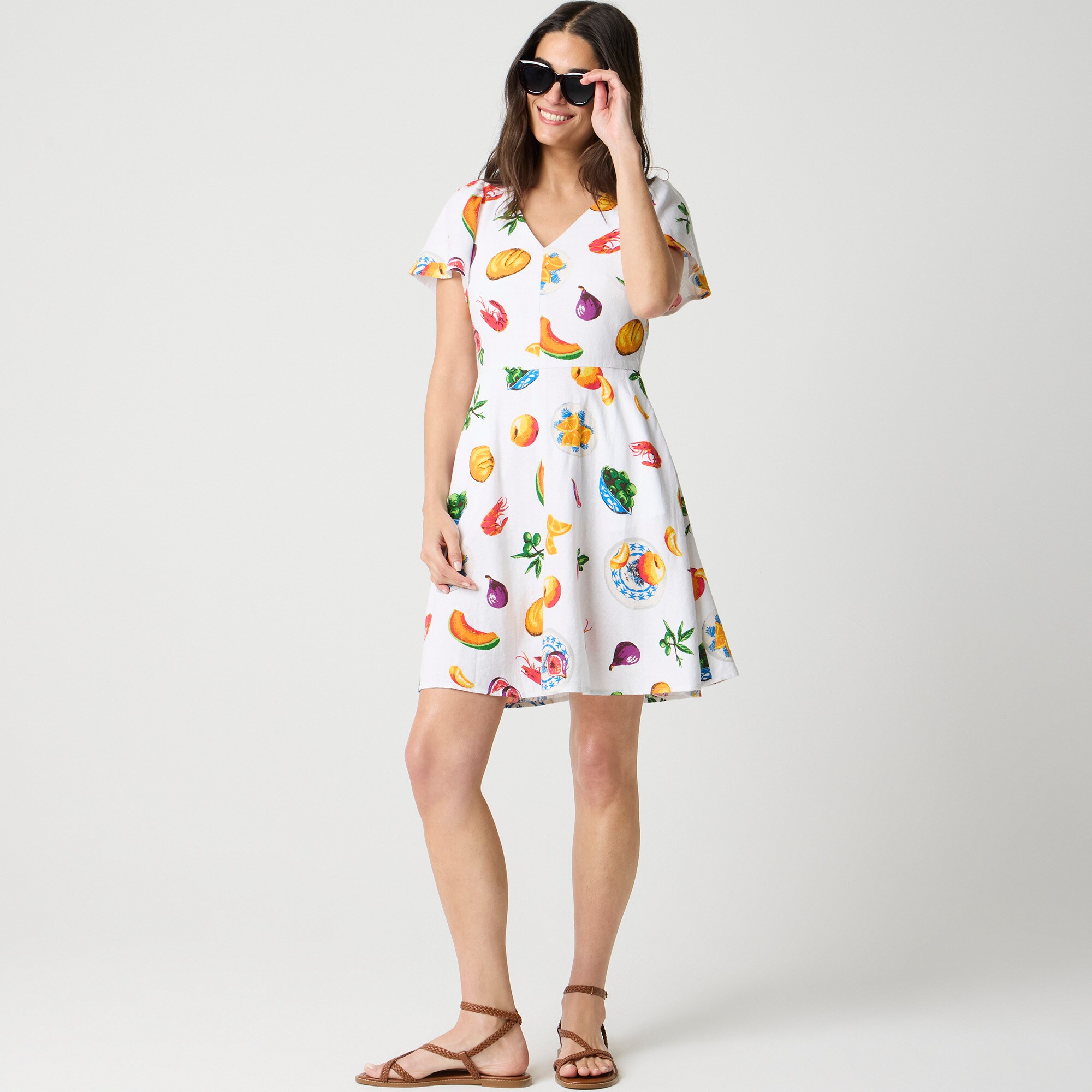  Printed linen-blend flutter-sleeve mini dress