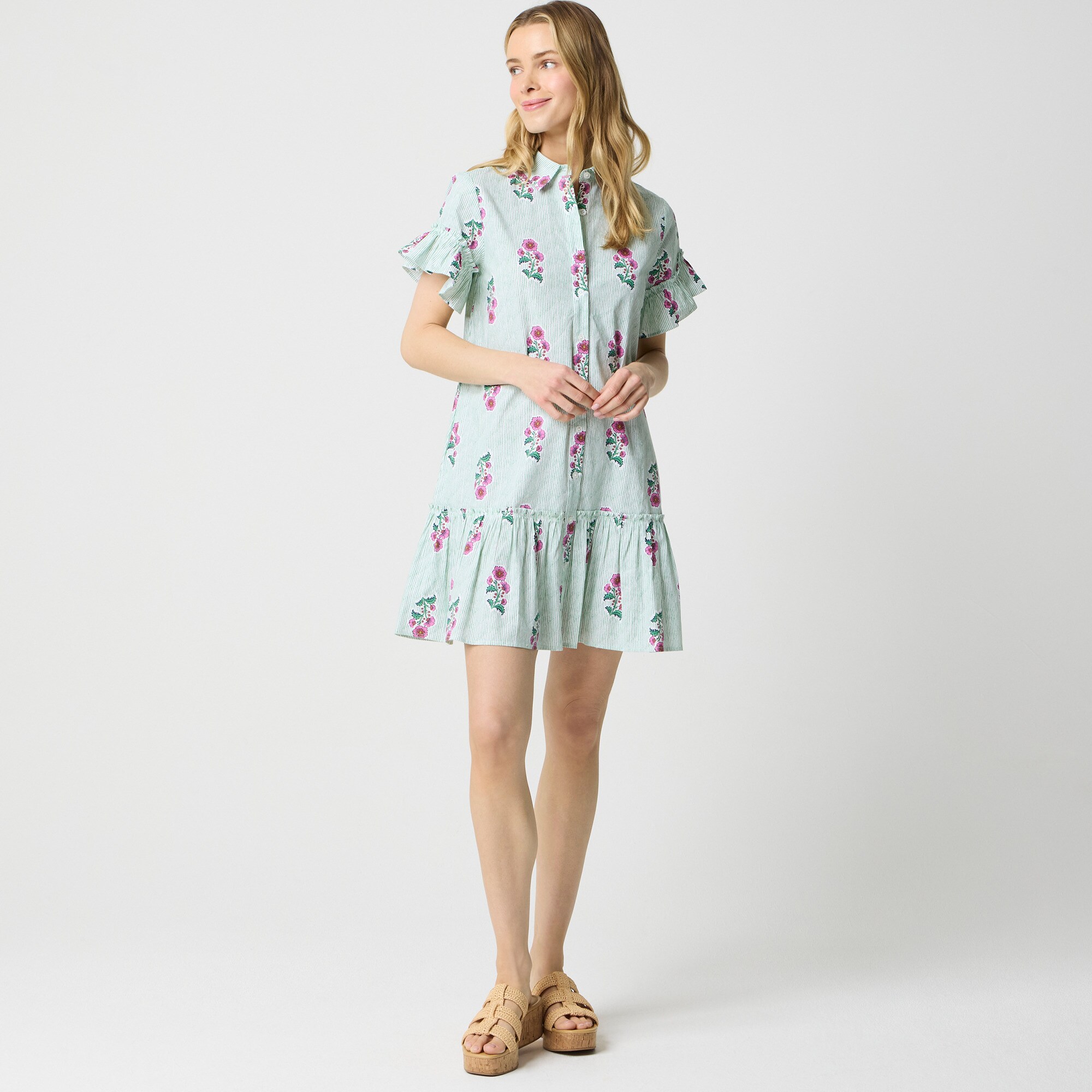 womens Printed ruffle-sleeve mini shirtdress